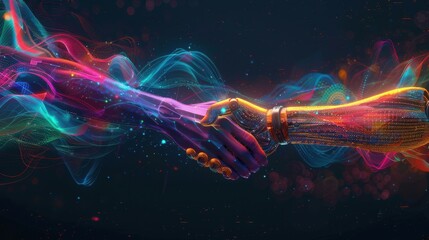 Canvas Print - A Robot hand is shown in a handshake with another hand. Technology concept