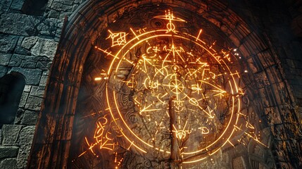 Graffiti image of a wizard's tower with glowing runes and magical symbols