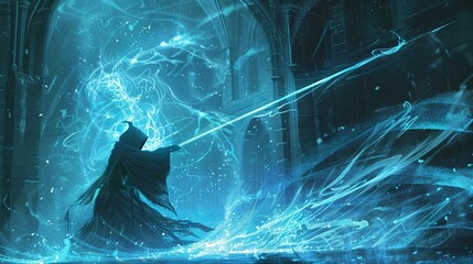 Graffiti illustration of a powerful mage with a glowing staff casting a spell