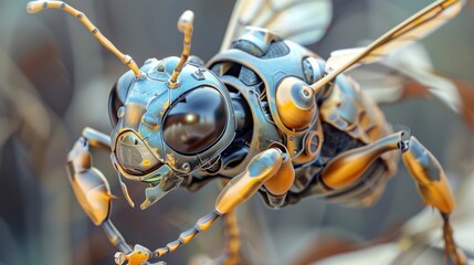 Wall Mural - A close up of a bee with metal parts on its body, AI