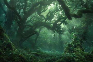 Wall Mural - enchanted forest at dawn ethereal light filtering through misty canopy ancient trees draped in moss magical flora glowing with bioluminescence in the soft twilight