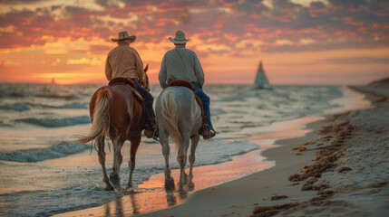 Wall Mural - Two men on horses walking on a beach at sunset