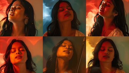 Wall Mural - six panel photo collage bright closeups of a beautiful Indian woman with long black hair and warm b Generative AI