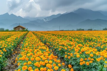 Canvas Print - a small white house sits on a hillside next to a field of orange flowers