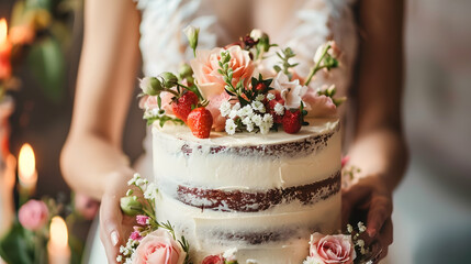 Unrecognizable female demonstrating appetizing cake decorated with flowers and sprigs on wedding day : Generative AI