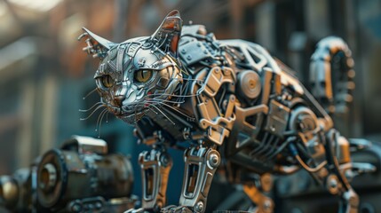 Poster - A close up of a cat made out of metal parts, AI