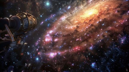 Wall Mural - a cosmic telescope zeroes in on a newly discovered galaxy, vibrant with colors against the dark back