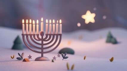 Wall Mural - A menorah with candles lit in the snow and a star, AI