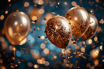 Golden Balloons with Blue Confetti Background
