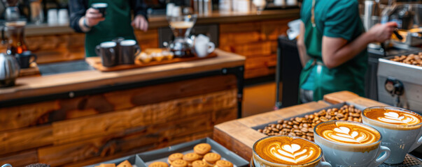 Wall Mural - A coffee shop with a few people working behind the counter