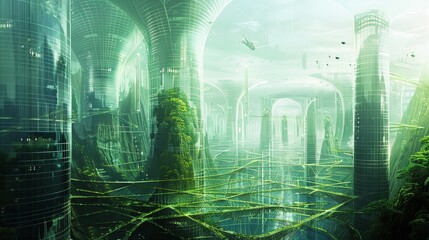 Wall Mural - A futuristic cityscape with tall buildings and green plants generated by AI