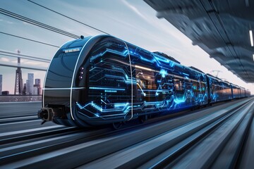 A train with a futuristic design is traveling down the tracks generated by AI