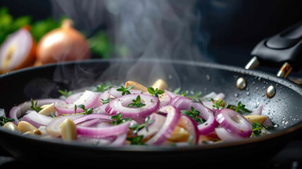 Wall Mural - A pan of food with onions and garlic is cooking on a stove