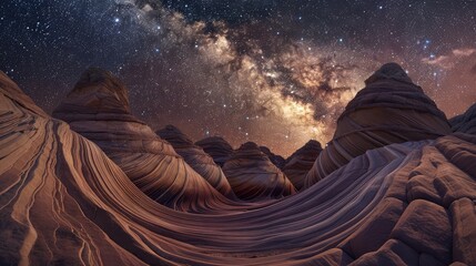 Wall Mural - a panoramic dreamscape featuring smooth, undulating rock formations that mimic waves, set against a 