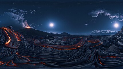 Wall Mural - a panoramic view of a lava field under the bright light of a full moon, highlighting the textures an