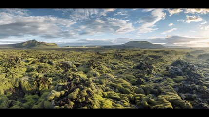 Wall Mural - A panoramic view of a vast lava field, now partially covered by a blanket of green moss, showing the regenerative power of nature.