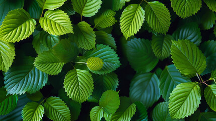 Close-up of lush green leaves with detailed textures in a natural setting