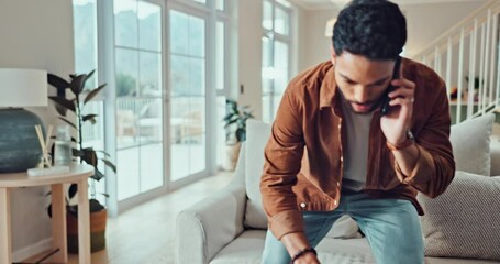 Poster - Phone call, man and working from home with web consultation and networking with laptop. Living room, tech and entrepreneur with smile and happy with communication and conversation for consulting