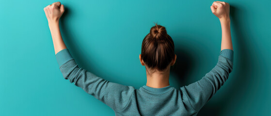 Wall Mural - A woman is standing in front of a blue wall with her arms raised in the air