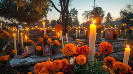 Cempasuchil flowers and candles illuminating cemetery during day of the dead celebration in mexico