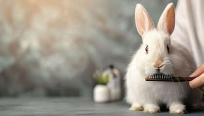 Wall Mural - A rabbit is being brushed by a person