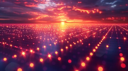 Red and Orange Lights on a Grid Pattern with a Sunset Sky Background.