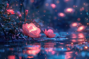 Wall Mural - The night lights illuminate the pink roses on the water surface