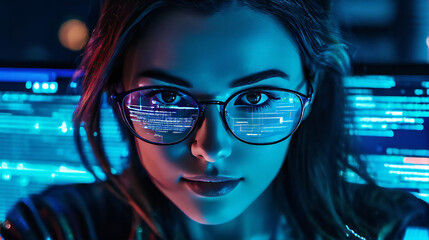 Closeup of women in glasses reading html scripts programming and data. cyber security research concept.