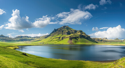 Wall Mural - A majestic mountain range with snow-capped peaks, surrounded by lush greenery and pristine blue waters in Iceland