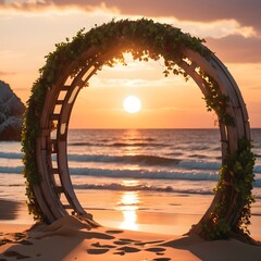 Wall Mural - a portal to a beautiful beach with a sunset that looks so beautiful