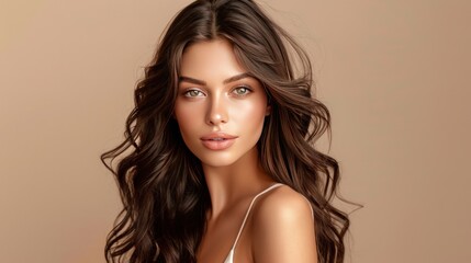 A woman with long brown hair and a white tank top. Generate AI image