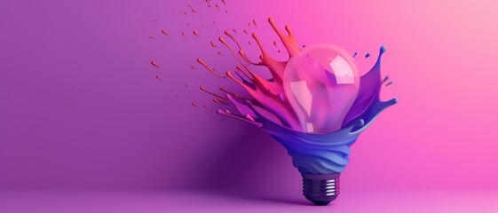 Wall Mural - Vibrant Light Bulb Splashing with Colorful Paint on Gradient Pink and Purple Background