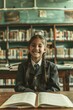 © Faith Stock - Back to School. Smiling schoolgirl is reading a book in the library. Education concept.