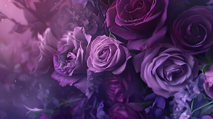 Poster - Floral background in trendy violet and lilac colors with faded effect Purple roses and lilac on dark background closeup Design of floral card or signboard selective focus : Generative AI