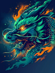 Wall Mural - A dragon with a fiery orange tongue and glowing eyes
