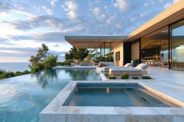 Sticker - Modern home with a pool architecture building outdoors.