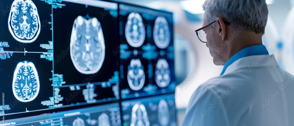 Medical Professional Analyzing Brain Scans on Multiple Monitors in a ...