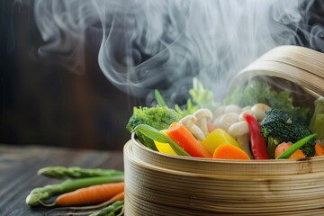 Wall Mural - Steaming vegetables in a bamboo steamer