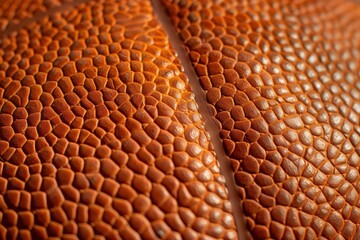 extreme closeup of basketball texture deep orange pebbled leather shadowed dimples glossy highlights rich wooden court reflection