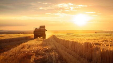 A large truck is driving through a field of golden wheat. Generate AI image
