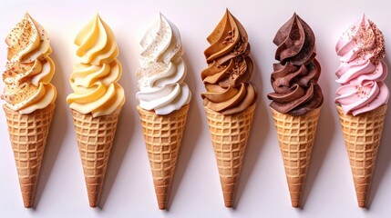 Canvas Print - Set of different ice creams in wafer cones on white background. Banner design  