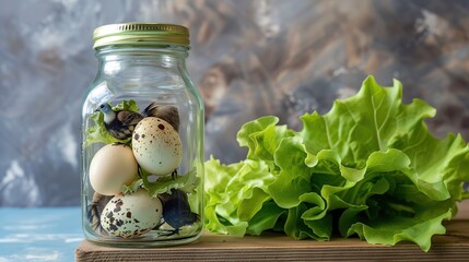 Canvas Print - Quail Eggs and a Bird in a Jar with Lettuce