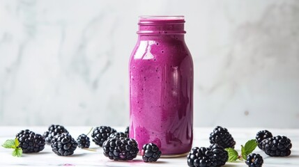 Wall Mural - A jar of purple juice is next to a bunch of blackberries. Generate AI image