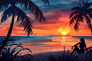 Wall Mural - sunset in Summer, beach in summer, relaxing,  illustration