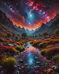 Wall Mural - A fantastical landscape with vibrantly colored clouds swirling in the sky, reflected in water. 