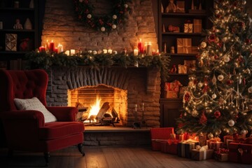 Wall Mural - Christmas fireplace furniture glowing.