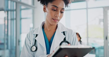 Poster - Doctor, woman and tablet for healthcare in office, medical insurance and research or consultation results. Technology, telehealth app and information analysis, working and professional online