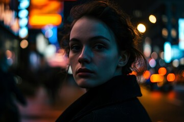 Wall Mural - Portrait of a beautiful young woman in the city at night.