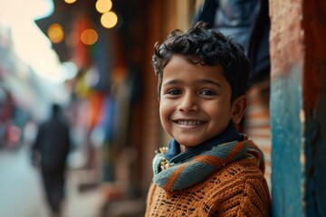 Wall Mural - Portrait of a smiling little boy in the streets of the city