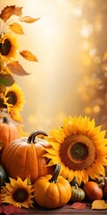 Wall Mural - Autumn festive background, composition of pumpkins, fall leaves and sunflowers. Thanksgiving season banner with copy space for text, vertical orientation.